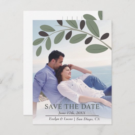 Olijftak mediterrane foto Save the Date Briefkaart (Voorkant / Achterkant)