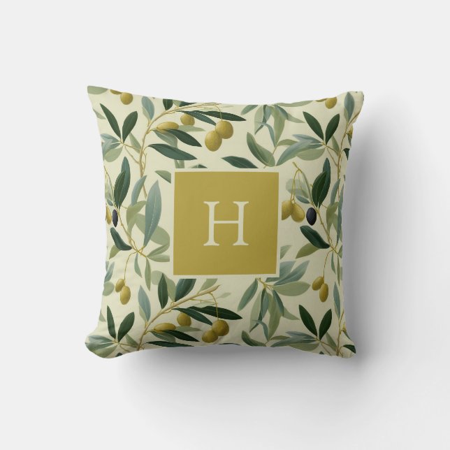 Olijftak Monogram Initiaal Botanisch Kussen (Voorkant)