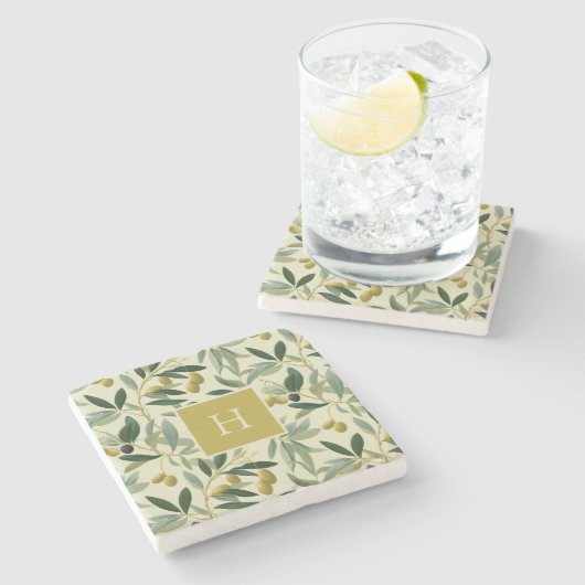 Olijftak Monogram Initiaal Botanisch Stenen Onderzetter (Zijkant)