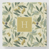Olijftak Monogram Initiaal Botanisch Stenen Onderzetter (Voorkant)