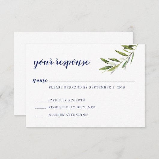 Olijftak RSVP kaart met Navy tekst (Voorkant / Achterkant)
