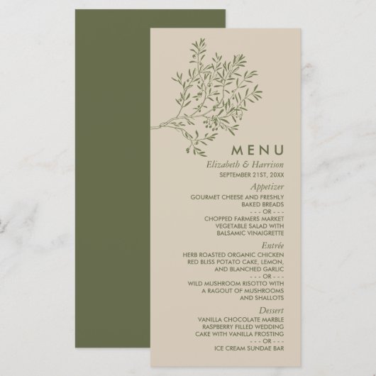 Olijftak, Rustieke & Minimalistische Trouw Menu (Voorkant / Achterkant)