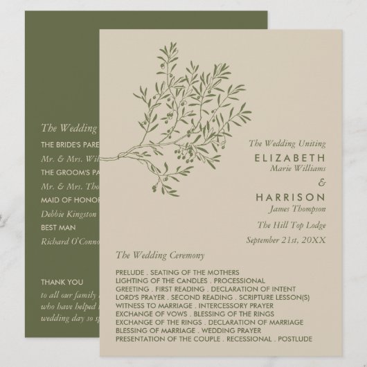 Olijftak, Rustieke & Minimalistische Trouwdag Programmakaart (Voorkant / Achterkant)