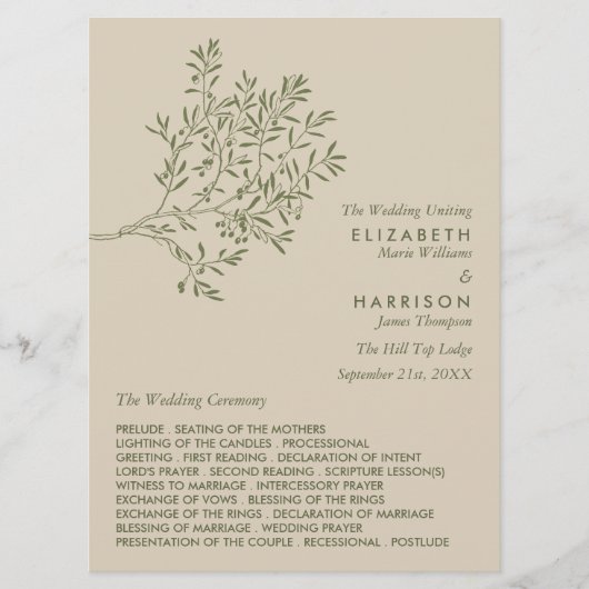 Olijftak, Rustieke & Minimalistische Trouwdag Programmakaart (Voorkant)