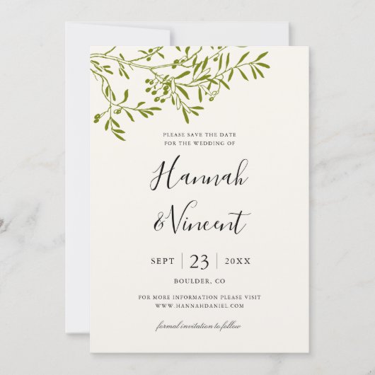 Olijftak Save the Date Kaart | Ivoor (Voorkant)