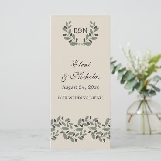 Olijftak slinger en krans bruiloft menukaart (Staand voorkant)