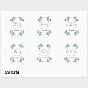 Olijftak trouwkaart elegante saliegroene kleur ronde sticker