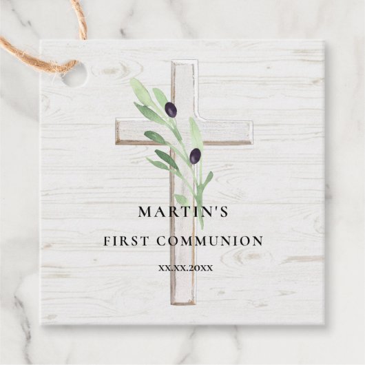 Olijftak wit hout Cross Eerste Communie Bedankjes Labels (Voorkant)