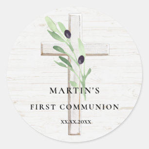 Olijftak wit hout Cross Eerste Communie Ronde Sticker