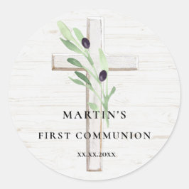 Olijftak wit hout Cross Eerste Communie Ronde Sticker