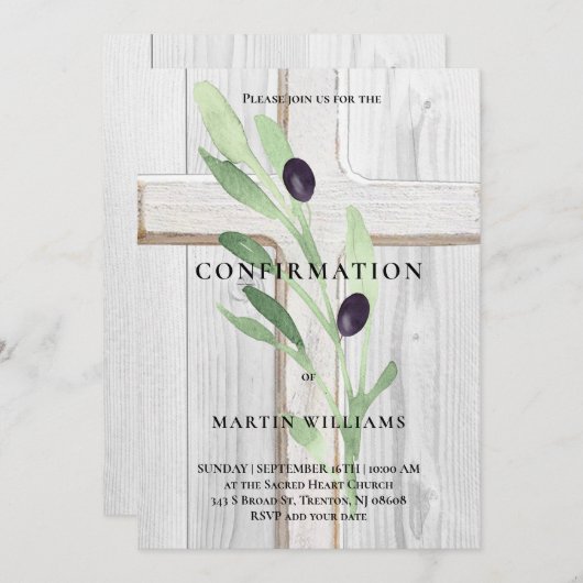 Olijftak wit hout Kruis Bevestiging Kaart (Voorkant / Achterkant)