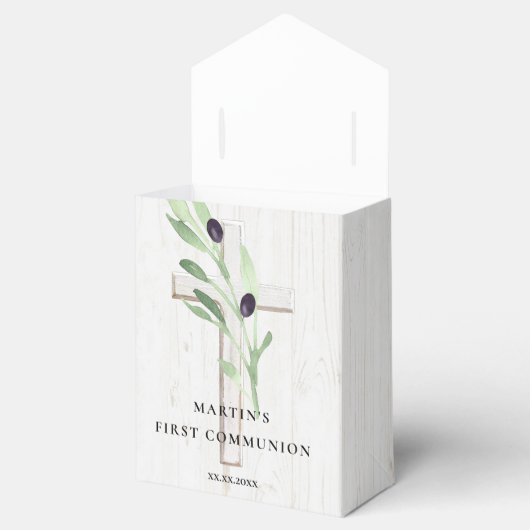 Olijftak wit houten kruis Eerste Communie Bedankdoosjes (Geopend)