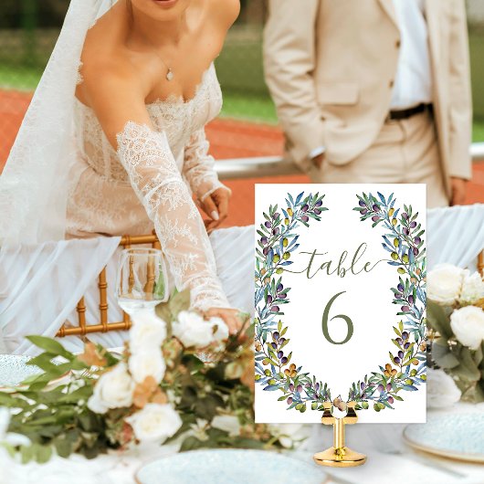 Olijftakken boho krans trouwtafel nummers kaart