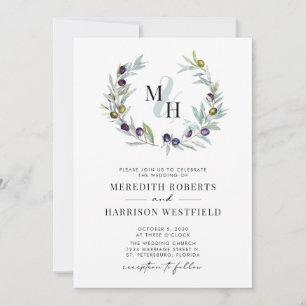 Olijftakken Monogram krans bruiloft Kaart