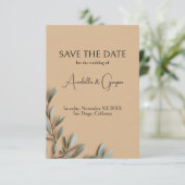 Olijftakken op Elegante Beige Bruiloft Save The Date (Staand voorkant)