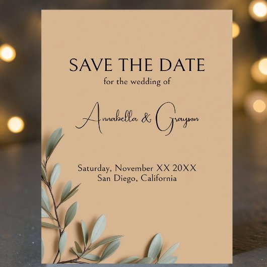 Olijftakken op Elegante Beige Bruiloft Save The Date