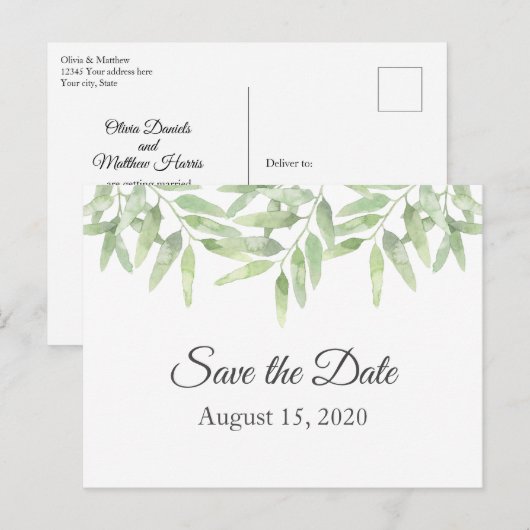 Olijftakken. Zomer bruiloft Save the Date Briefkaart (Voorkant / Achterkant)