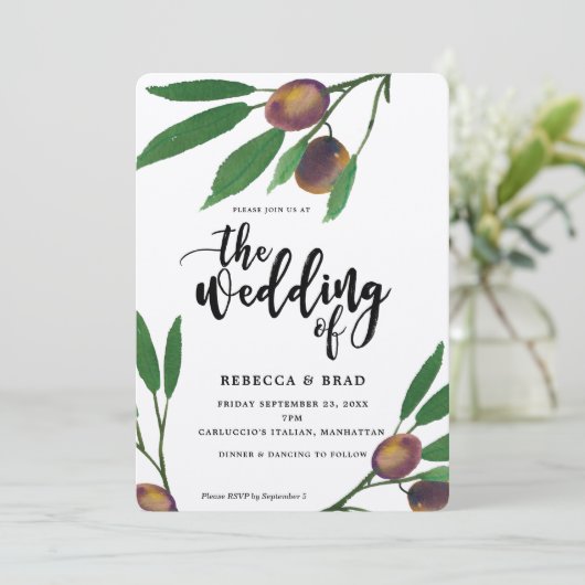 olijftuscan laurel moderne huwelijksuitnodiging kaart (Staand voorkant)