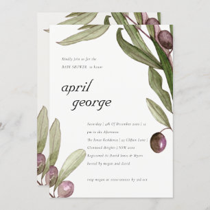 OLIJVE WATERVERF FOLIAGE BABY SHOWER INVITE BEDANKKAART