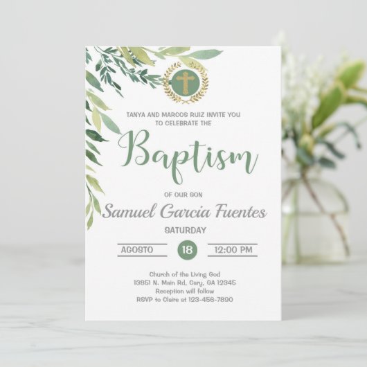 Olijven en bladeren Baptism-uitnodiging. Kaart (Staand voorkant)