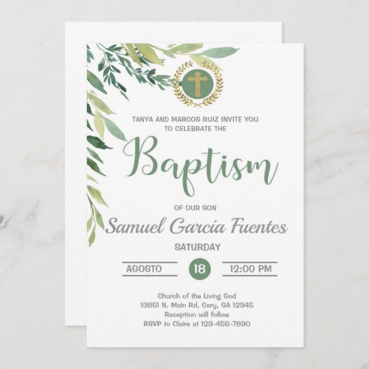 Olijven en bladeren Baptism-uitnodiging. Kaart (Voorkant / Achterkant)