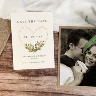 Olijven en bladeren Geometrische hartbruiloft foto Save The Date