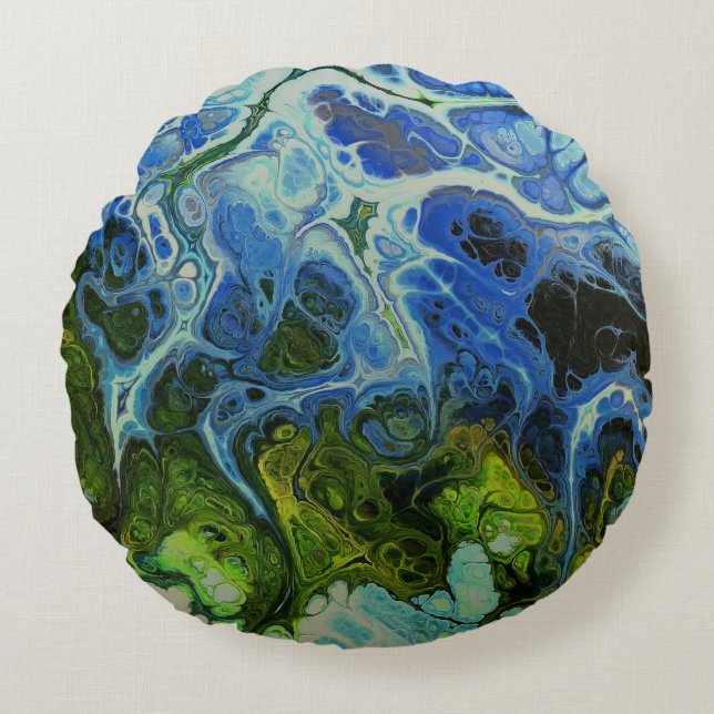 Olijven en Ice Blue Faux Marble Round Pillow Rond Kussen (Voorkant)