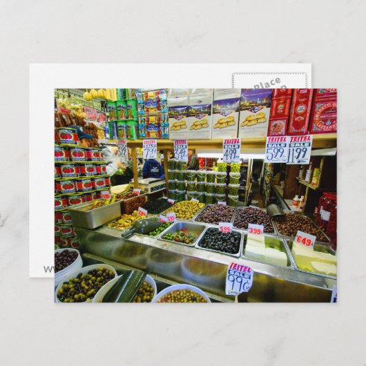 Olijven en kaas op het briefkaart Arthur Avenue (Voorkant / Achterkant)