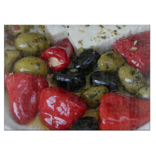 Olijven en paprika's snijplank (Voorkant)