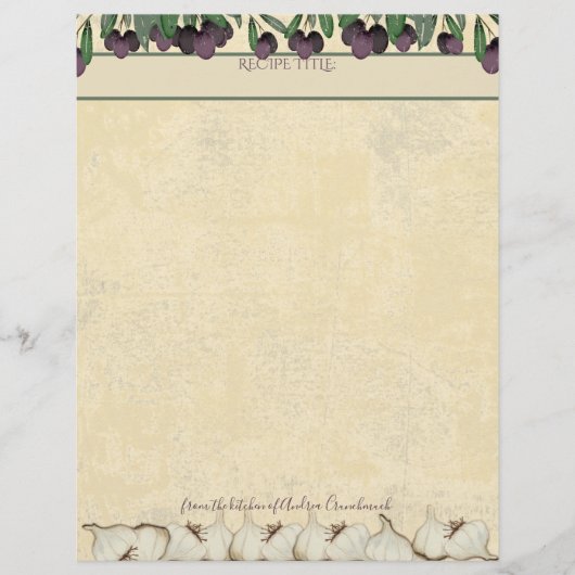 Olijven knoflook gepersonaliseerd recept briefhoof (Voorkant)