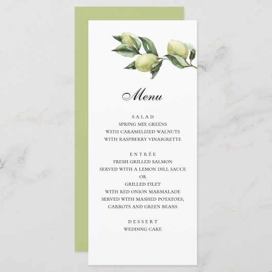 Olijven menu. Italiaanse bruiloft. Groen diner men Menu (Voorkant / Achterkant)