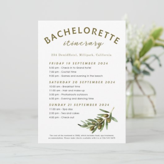 Olijven vrijgezellenfeest itinerarium  kaart (Staand voorkant)