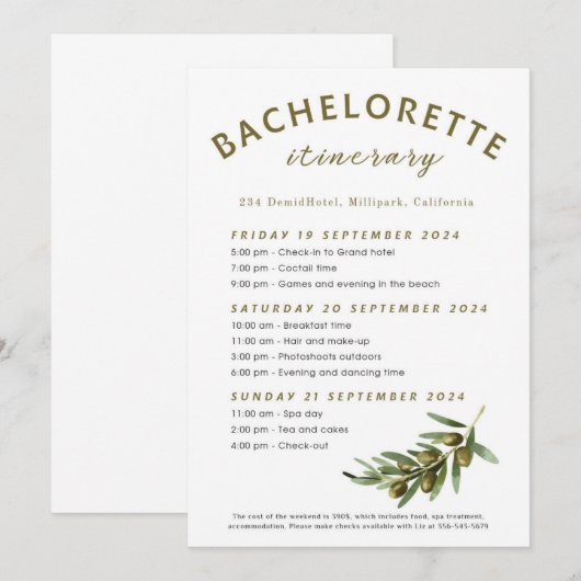 Olijven vrijgezellenfeest itinerarium  kaart (Voorkant / Achterkant)