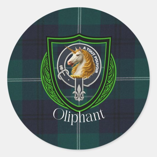Oliphant Schotse Clan Tartan & Wapen Ronde Sticker (Voorkant)