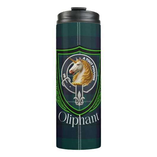 Oliphant Schotse Clan Tartan & Wapenembleem Thermosbeker (Voorkant)