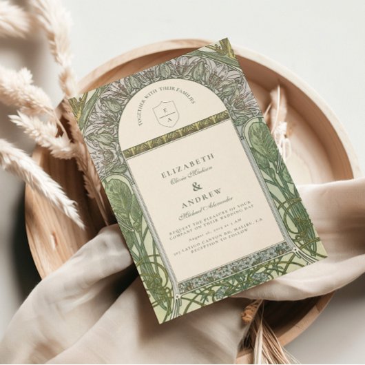 Olive Art Nouveau bruiloft Kaart