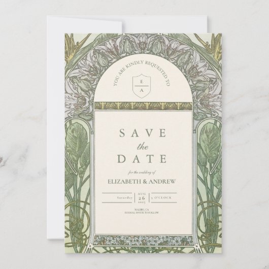 Olive Art Nouveau bruiloft Save The Date (Voorkant)