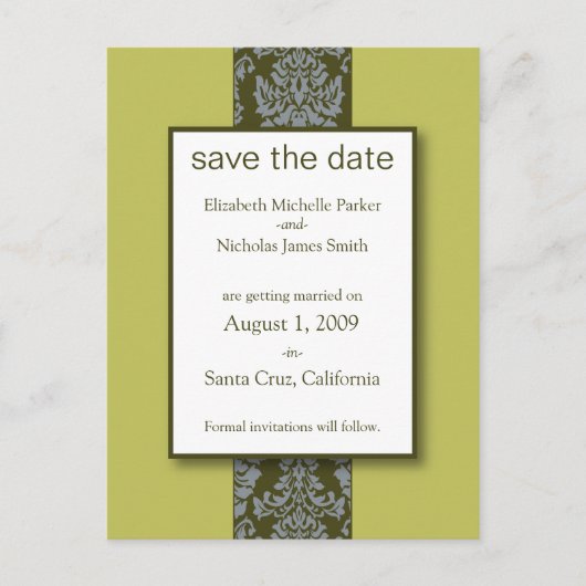 Olive Baroque Damask Save the Date Briefkaart (Voorkant)
