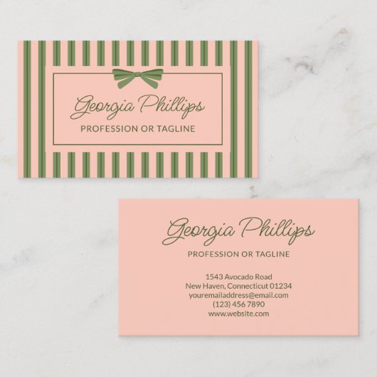 Olive Blush Stripes & Bow Retro Visitekaartje (Voorkant / Achterkant)