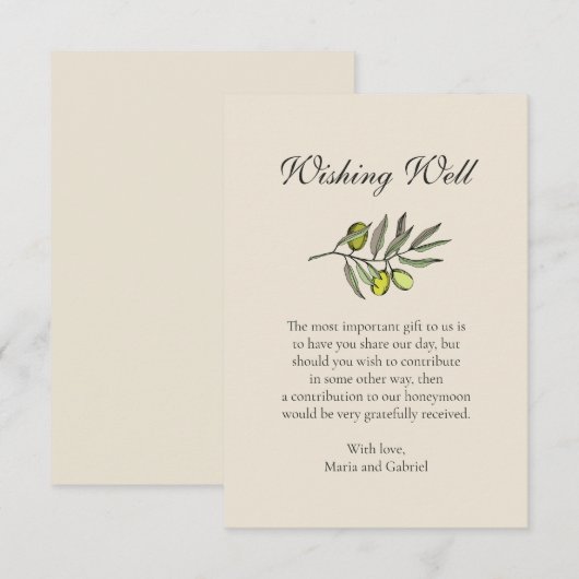 Olive Botanical goed wensen. Toscaanse stijl bruil Informatiekaartje (Voorkant / Achterkant)