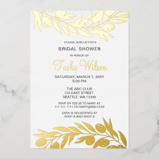 Olive Branch Botanical Bridal Shower Invitation Folie Uitnodiging (Voorkant)