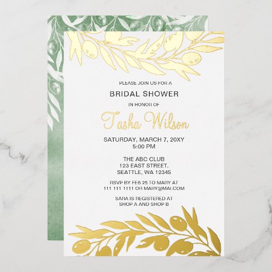 Olive Branch Botanical Bridal Shower Invitation Folie Uitnodiging (Voorkant / Achterkant)