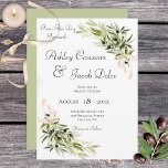Olive Branch Bouquets Sage Wedding Invitation Kaart<br><div class="desc">Deze huwelijksuitnodiging maakt deel uit van de Olive Branch Bouquets Wedding Invitation Suite van kaarten gemaakt door Eenvoudig Farmhouse Press. Zachte roze linten verzamelen takken van de olijftakken van de waterverf,  en zenden een bericht van warmte en thuis in dit roomachtige ontwerp.</div>