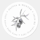 Olive Branch Bruiloft Paar Namen Retouradres Ronde Sticker (Voorkant)
