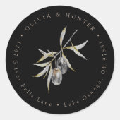 Olive Branch Bruiloft Paar Namen Retouradres Ronde Sticker (Voorkant)