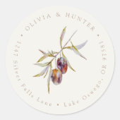 Olive Branch Bruiloft Paar Namen Retouradres Ronde Sticker (Voorkant)