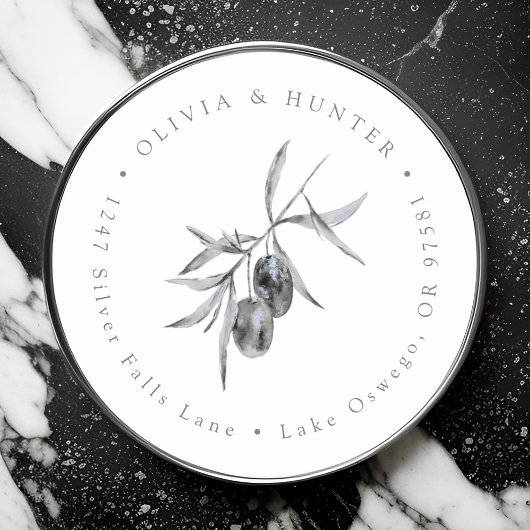 Olive Branch Bruiloft Paar Namen Retouradres Ronde Sticker