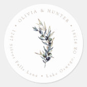 Olive Branch Bruiloft Paar Namen Retouradres Ronde Sticker (Voorkant)