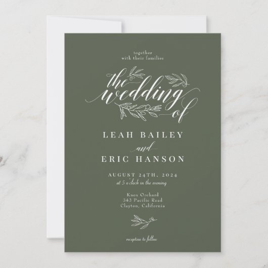 Olive Branch Calligraphy Hand Drawn Wedding Kaart (Voorkant)