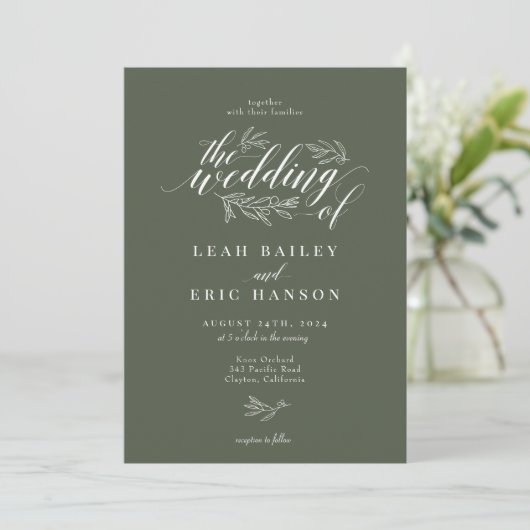 Olive Branch Calligraphy Hand Drawn Wedding Kaart (Staand voorkant)